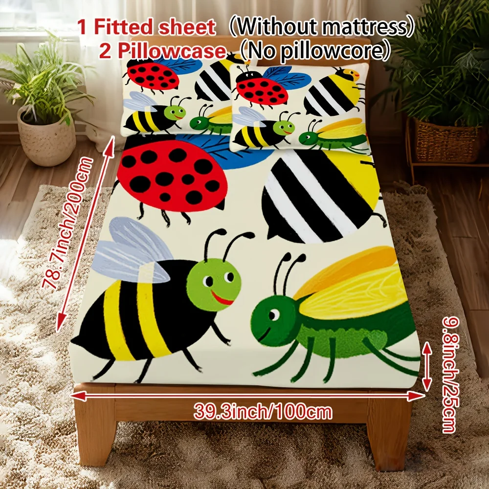 3-piece fitted sheet set, digital print 3-piece fitted sheet set, insect-proof breathable polyester (includes 1 fitted sheet + 2 pillowcases), 3-piece set, large-capacity deep pocket 2D printed fitted sheet and 2 pillowcases, bedding mattress protector, fitted elastic style, protective cover, mattress protector, suitable for all seasons, machine washable design, holiday decoration, various sizes, breathable protective cover with pillowcase