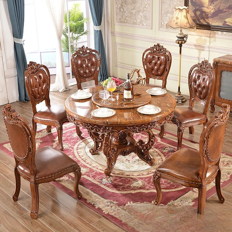 

European dining table and chair combination, solid wood round table with turntable marble round meal