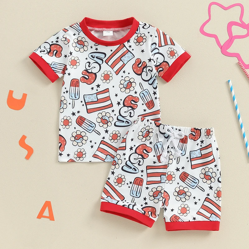 

Toddler Girls 4th of July Outfit Letter Flag Floral Popsicle Print Short Sleeve T-Shirt and Shorts Set Cute Clothes