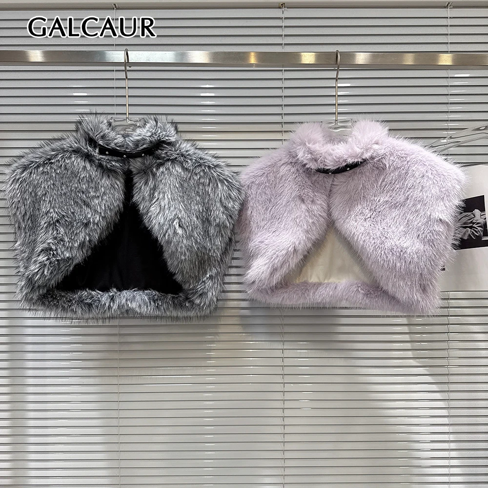 GALCAUR Solid Spliced Fluffy Slimming Jacket for Women Stand Collar Sleeveless Patchwork Belted Temperament Jackets Female Style