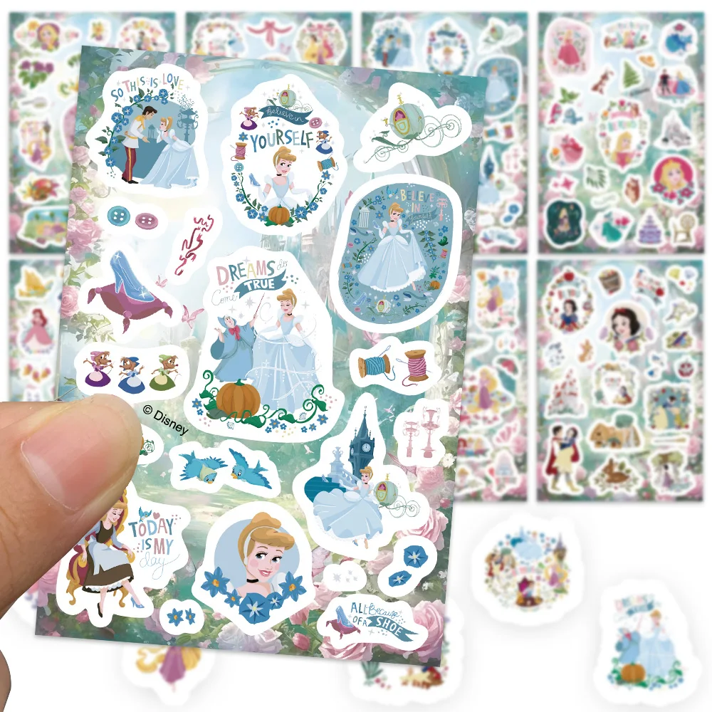 8 hojas de pegatinas estéticas de princesas de Disney, pegatinas impermeables de dibujos animados para álbum de recortes, cuaderno, decoración para nevera, regalo para padres
