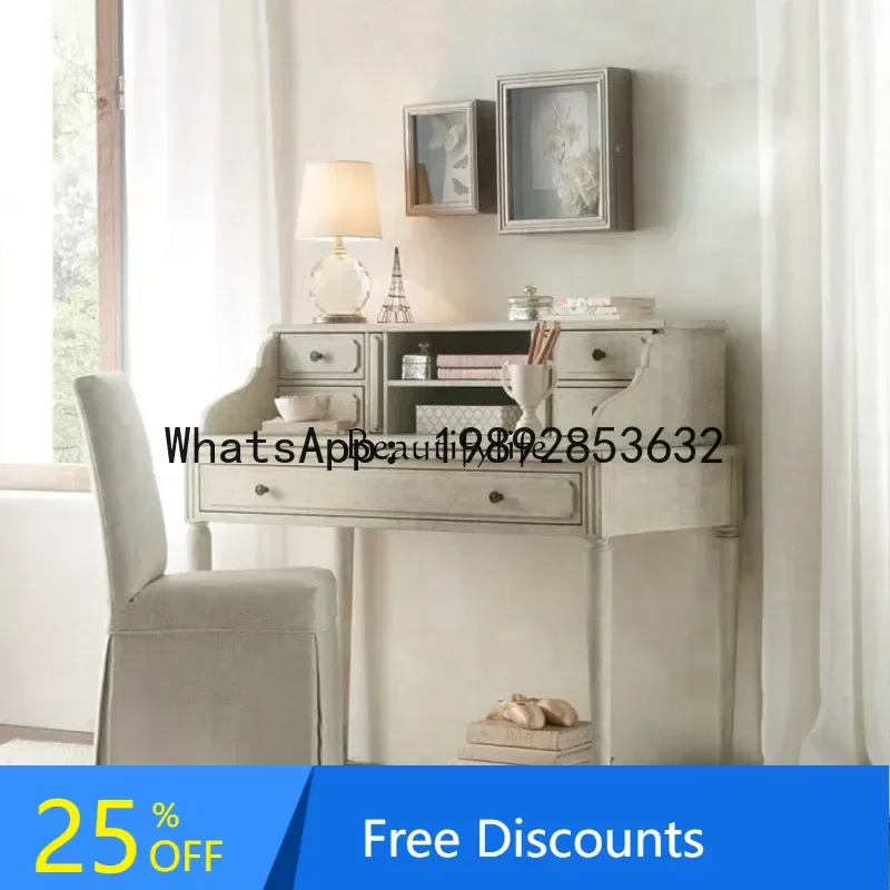 Mini escritorio Country totalmente de madera maciza para dormitorio con cajón, caja de almacenamiento, escritorio