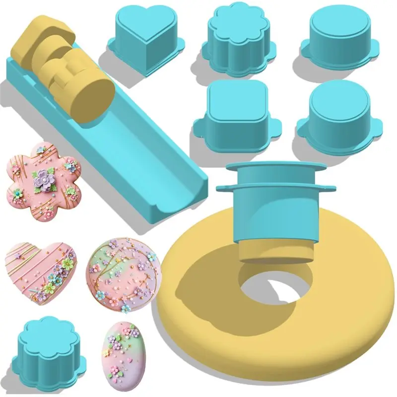 ABKY-Heart Square Cloud Oval Round 3D Printed Cake Cutter And Pusher Included, 6 PCS Cake Mold Set With Tray, Baking Mol