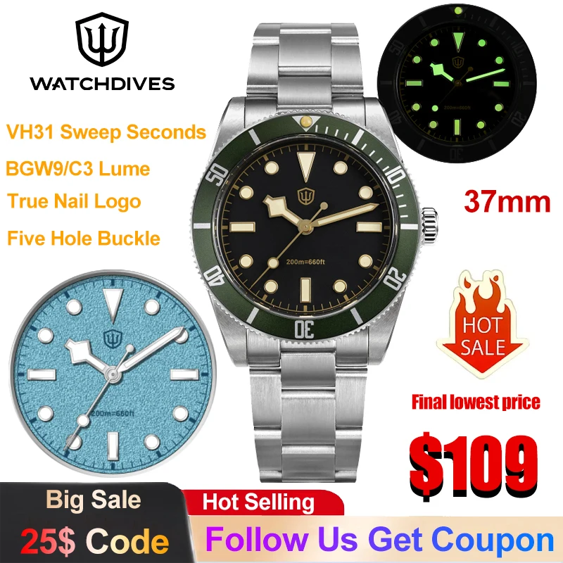 Watchdives WD7922 BB54 Watch VH31 Sweep Second Movement Quartz Watch Sapphire Crystal C3 Luminous 200m Waterproof Dive Watch