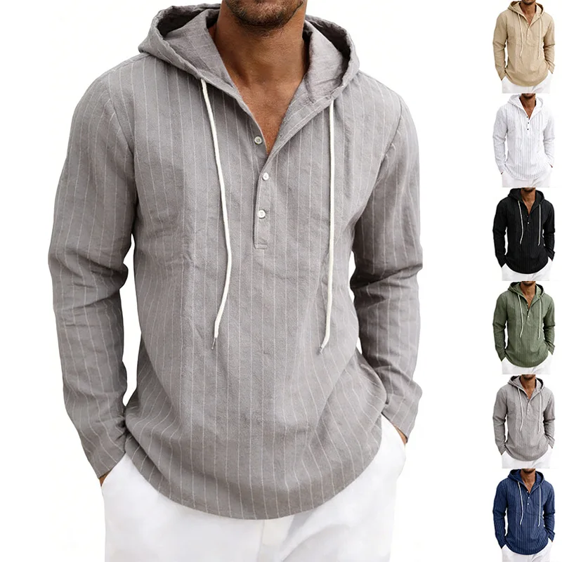 Men Vertical Stripe Linen Hooded Long Sleeve Shirts Drawstring Henley Collar Breathable Beach Vacation Casual Pullover Tops