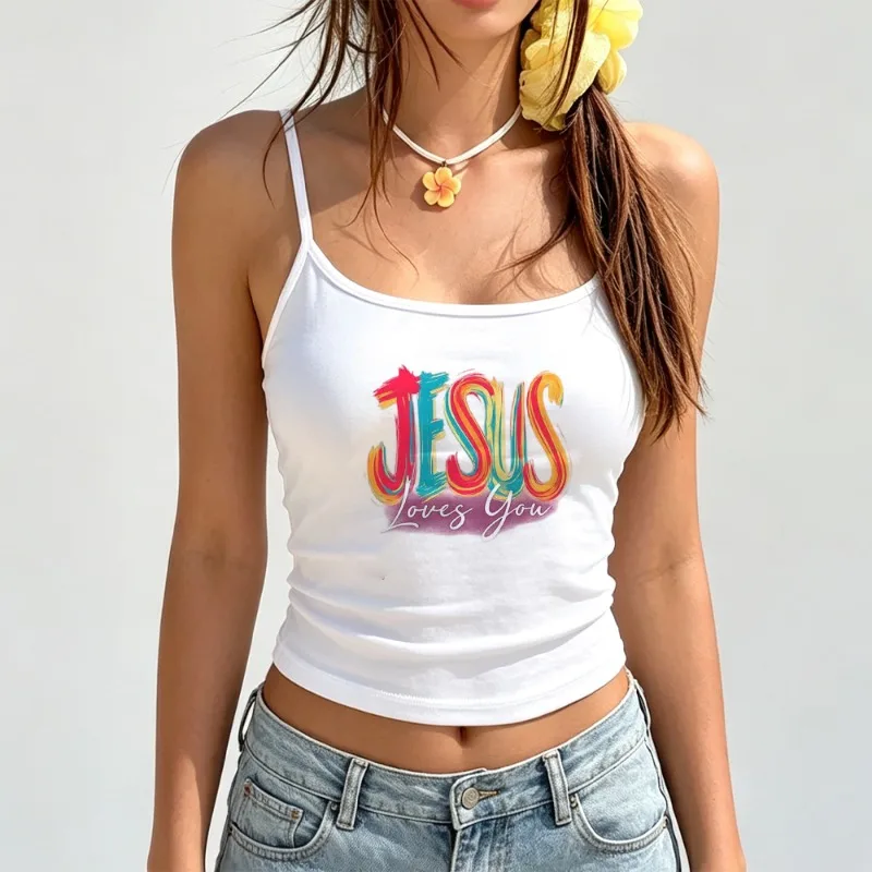 Women Jesus Loves You Graphic Crop Cami Tank Top Faith Letter Print Sleeveless Slim‑Fit Camisole Religious Believer Casual Daily