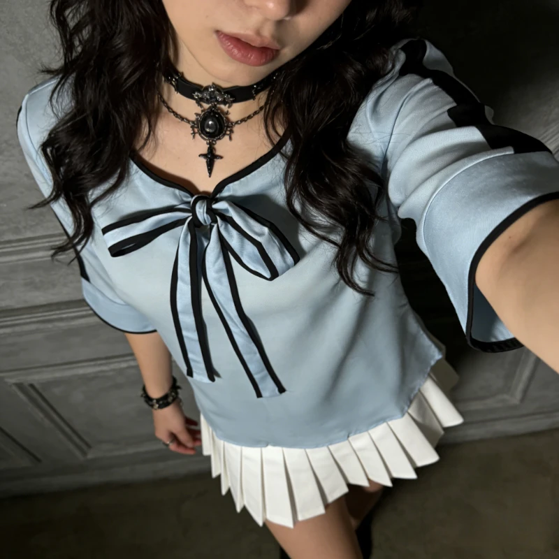 

Korean Style Spring Women Chiffon Half Sleeve Y2K Blouse Bow Collar Casual Women Shirts Autumn Solid Color Tops 2000s Clothes