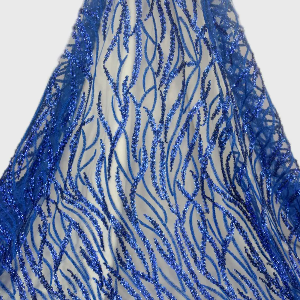 1 Yard Hot Selling Royal Blue Beaded Tulle Fabric Luxury French Lace For Women Wedding Party Dress HY1790