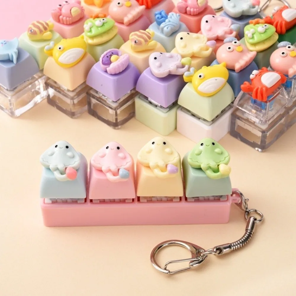 Cartoon 4-Key Marine Animals Keychain Squeezable Ocean-themed Dolphin Keychain Funny Finger Button Ocean Miniature Fidget Keycap