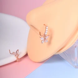 2Pcs Butterfly Pendant Dangle Nose Studs Ring Stainless Steel Zircon Indian Nose Piercing Rings Earrings Valentine Jewelry Gift