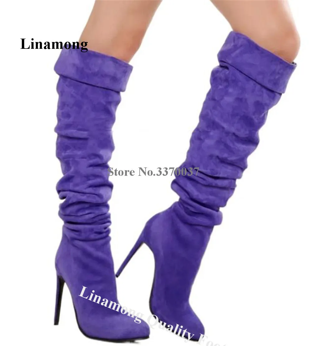 

Linamong Slim Style Purple Grey Suede Stiletto Heel Knee High Boots Sexy Round Toe Slip-on Thin Heel Long Boots Big Size