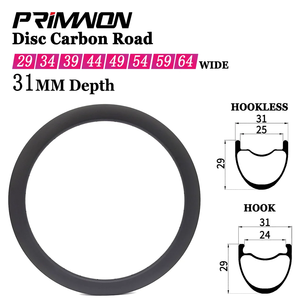 31mm Width 700C Road Bike Carbon Rim Disc Brake 29/34/39/44/49/54/59/64mm Depth Symmetric Tubeless Hook Hookless 20/24/28/32H