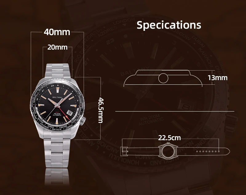 Baltany Men Automatic Watch 40mm GMT Mechaical Wristwatch Military Sapphire Diver 20Bar Waterproof Luminous NH34 Ceramic Bezel