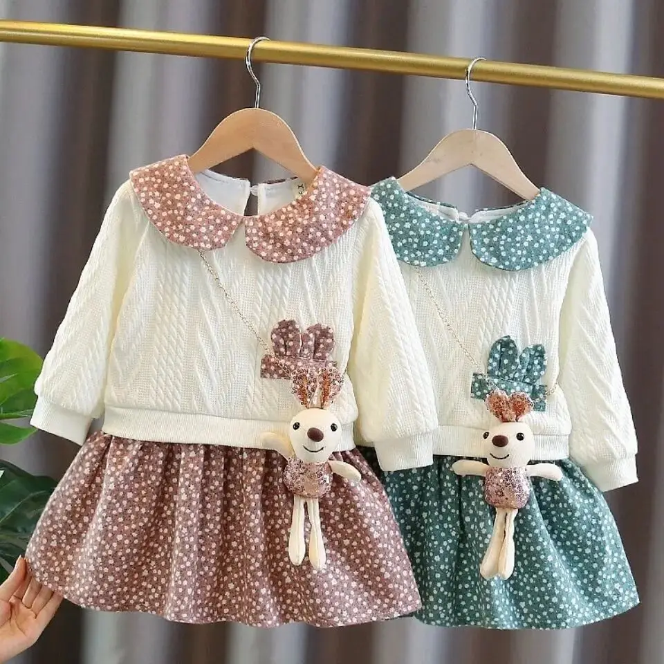 Children\'s Autumn New Dress Girl Baby Cute Fake Two-piece Dress Princess Floral Dress Free Rabbit 2 4 6 7Y