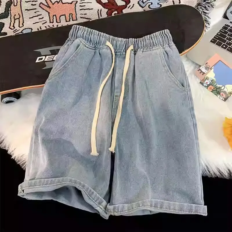 

Denim shorts men's summer thin loose five quarter pants trendy brand casual washed elastic waist straight leg mid length pants