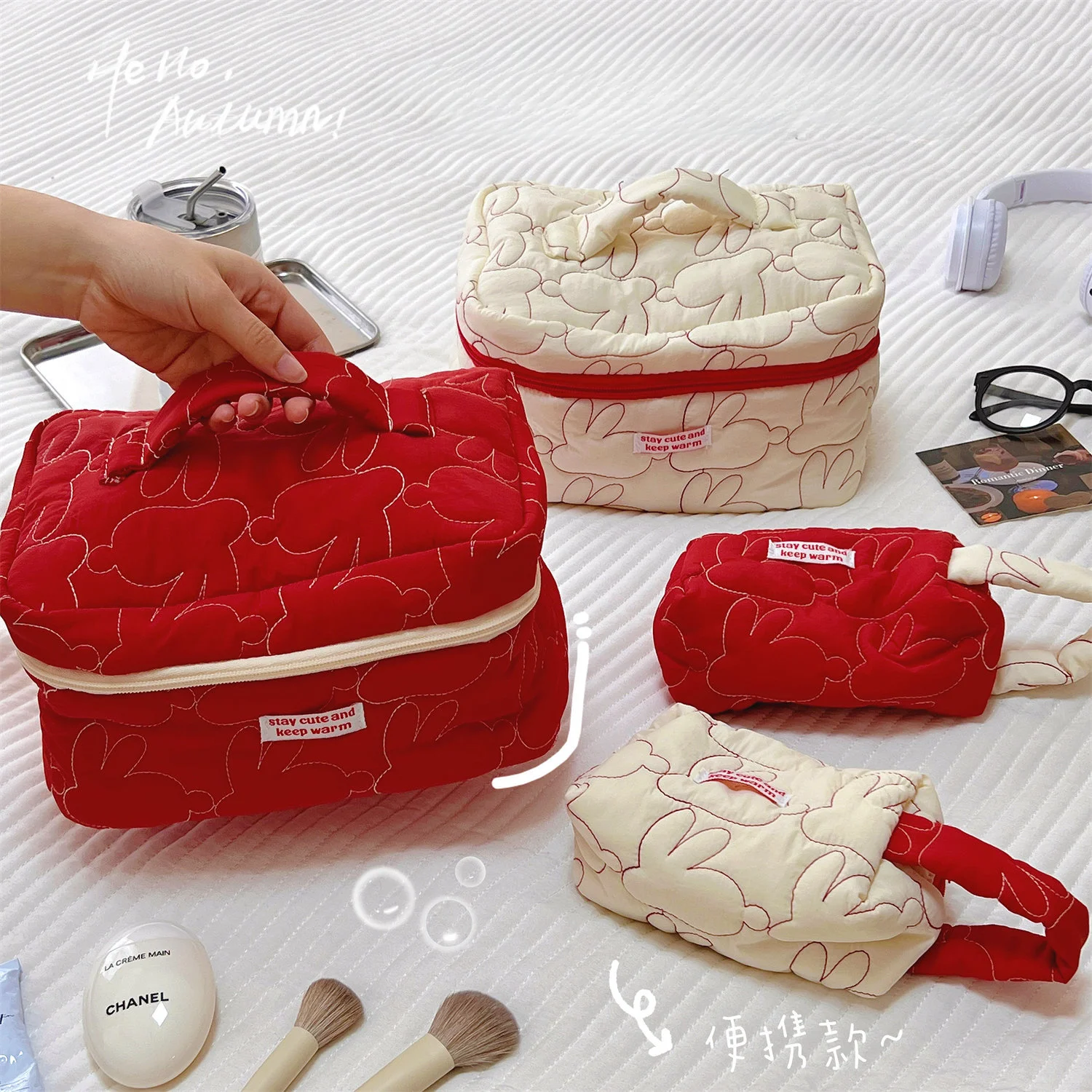 Cosmetic Bag Cute Niche Female Storage Bag Student Portable Large Capacity Quilted Cotton Rabbit Wrist Bag