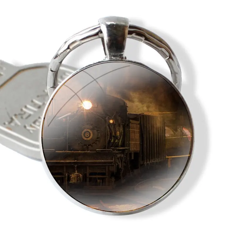 Glass Metal Pendant Key Chain Classic Men Women Key Ring Accessories Jewelry Gifts Steam Trains