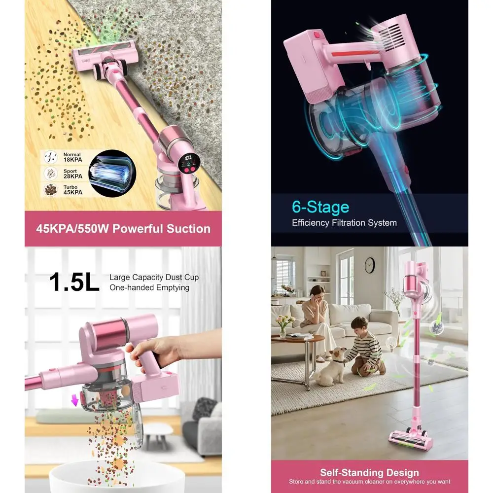 

Cordless Vacuum Cleaner, 550W, 45KPA Suction, 60 Min Runtime, LED Display, Anti-Tangle Brush for Hardwood Floors, Carpets, Pet H