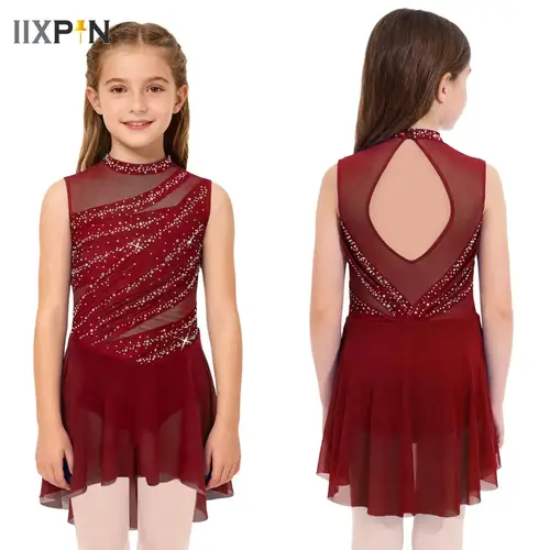 Imagen 1 del producto Jersey de gimnasia para niños, patinaje artístico, Ballet, danza lírica, vestido de Leotardos sin mangas, vestido fruncido brillante con diamantes de imitación