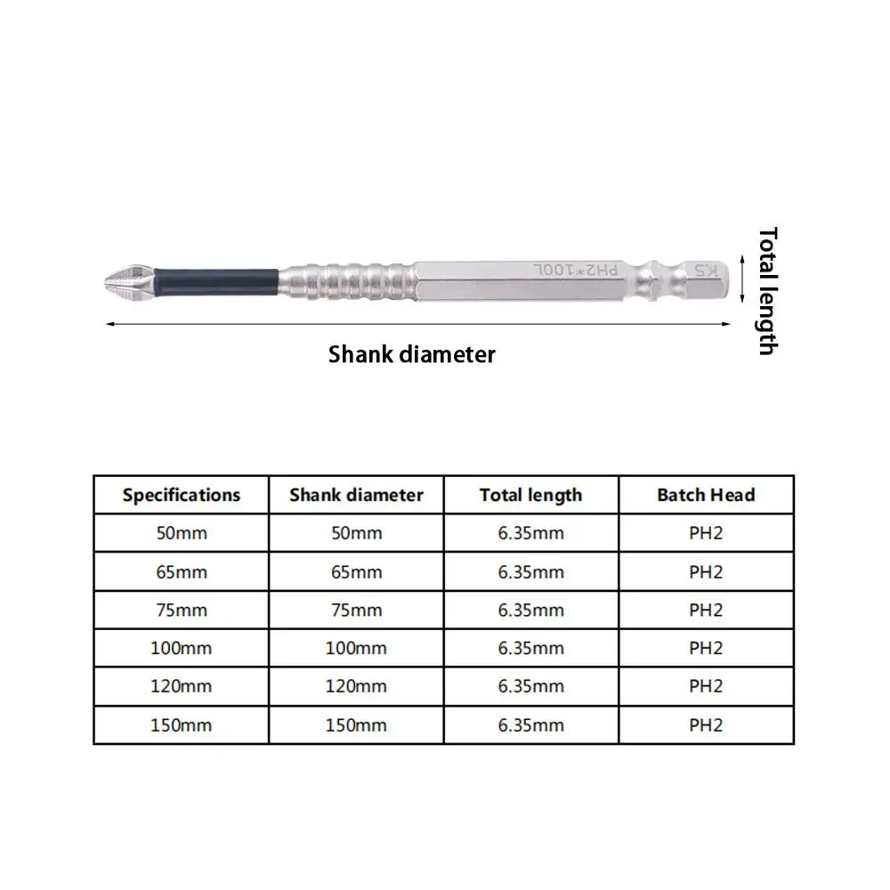 K5 Thread Magnetic Batch Head Alloy Steel Anti-Slip Cross Bit High Hardness Impact Resistant PH2 Screwdriver Bits