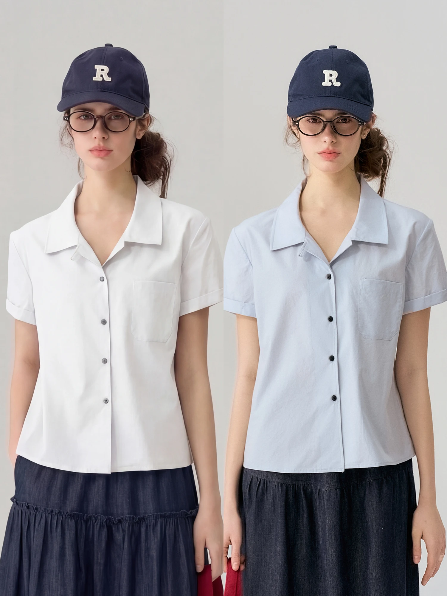 

Bruland "Coast Messenger" Artistic Style Light Blue Short Sleeve Loose Slim Summer Shirt Women's Commute Style Cotton Blend