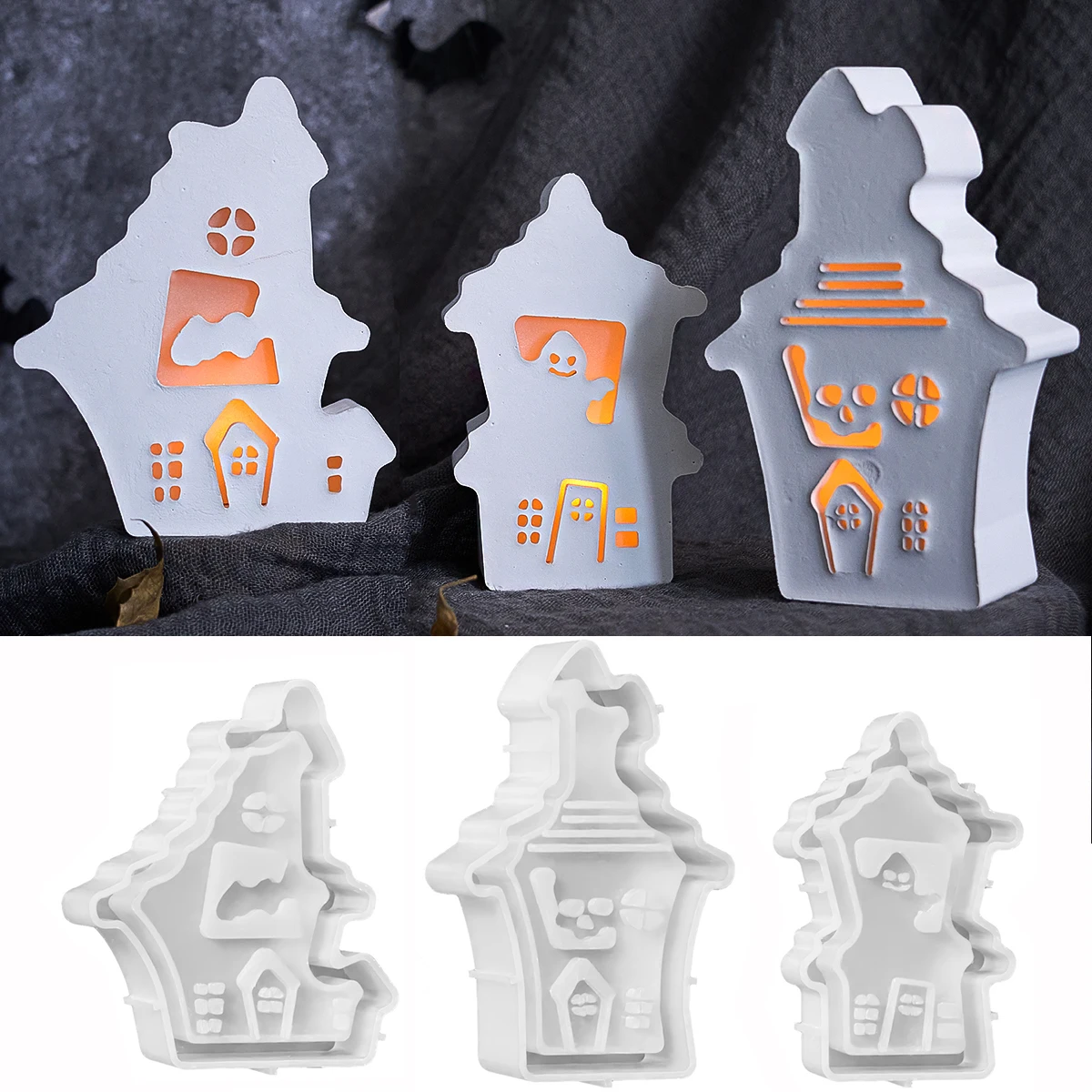 3D Ghost House Nachtlicht Silikonform für Halloween Dekoration Handwerk Geschenke DIY Haus Design Gips Kerzenständer Herstellung Form