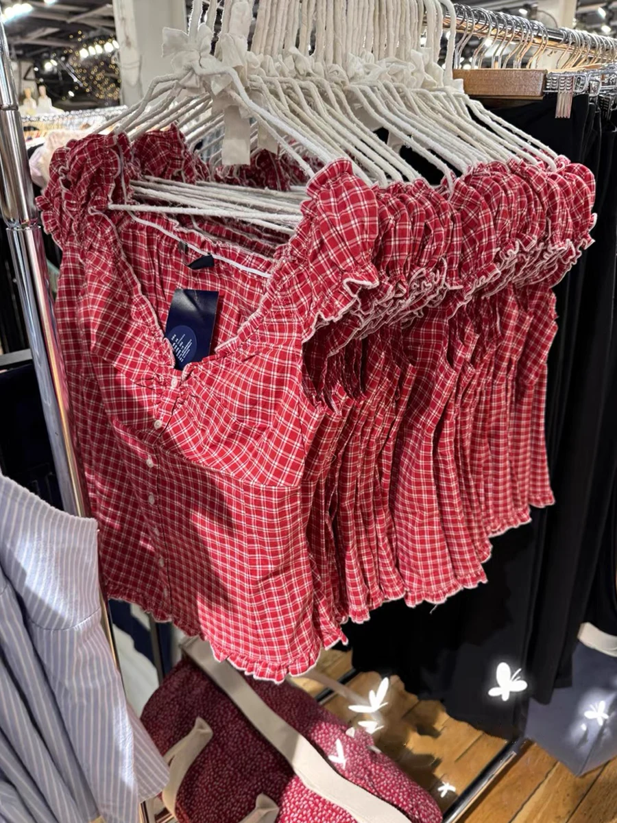 新作 レッド チェック柄 ヴィンテージ Tシャツ ブラウス レディース ラッフル Vネック シングルブレスト スリム ティー サマー カジュアル スイート コットン パフスリーブ シャツ