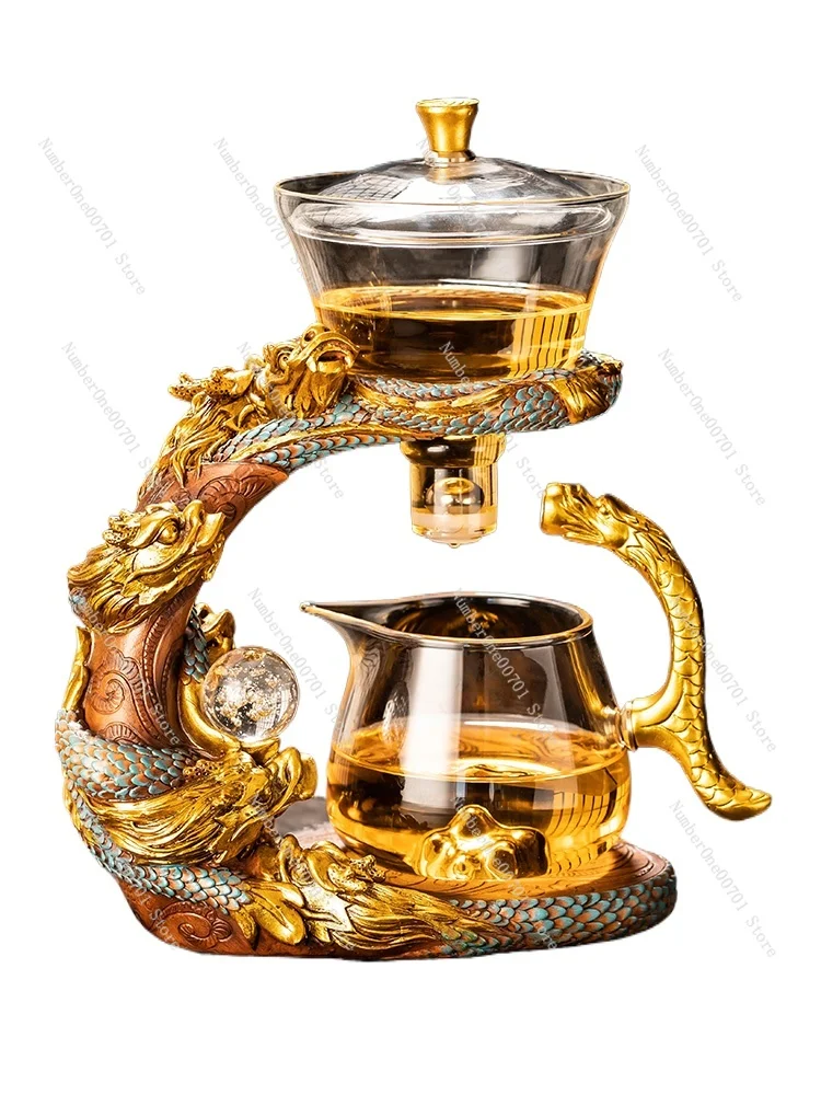 2024 the Year of the Loong new heat-resistant glass semi-automatic tea set household luxury high-end lazy teapot artifact.