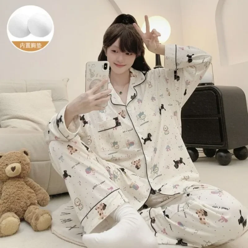 M-5XL Plus Size Women Pajamas Spring Cartoon Cute Sleepwear Long-Sleeved Button Down Top Trousers Loose Homesuit Cozy Loungewear