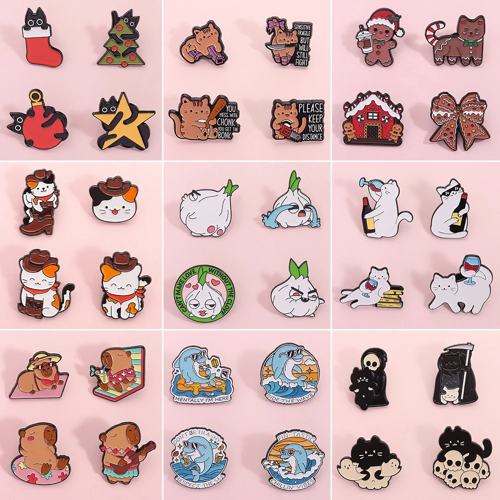 Cute Animals Set Enamel Pins Cartoon Mummy Ghost Duck Red Wine White Cat Garlic Capybara Dolphin Lapel Badges Backpack Jewelry