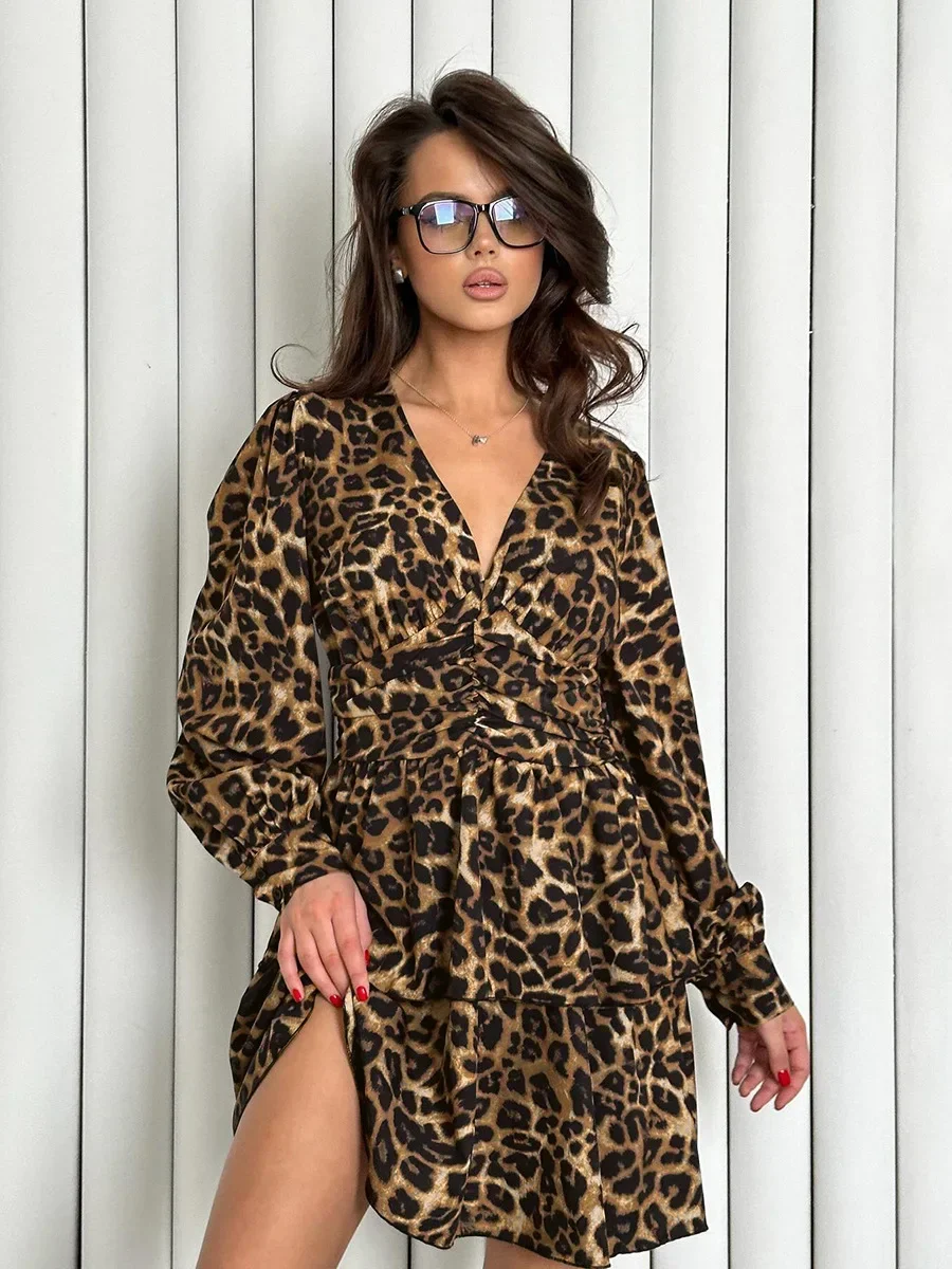 Le Luz-Mini vestido sexy leopardo feminino, decote em v feminino, manga longa lanterna, manga lanterna, babados em camadas, vestidos de festa, novo, outono, primavera