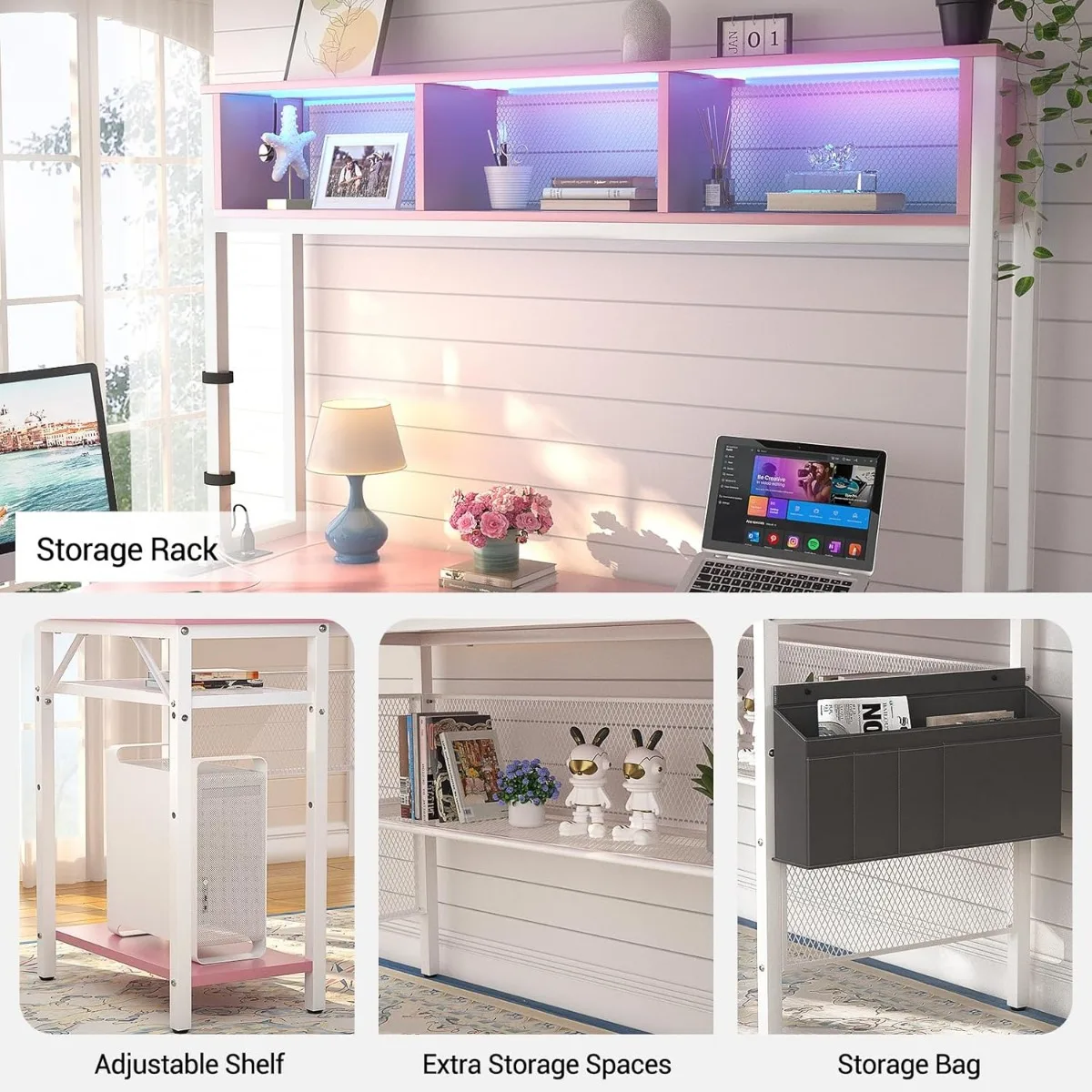 Bureau d'ordinateur en forme de L avec bande LED et prises de courant, bureau d'angle réversible avec étagères de rangement et sac