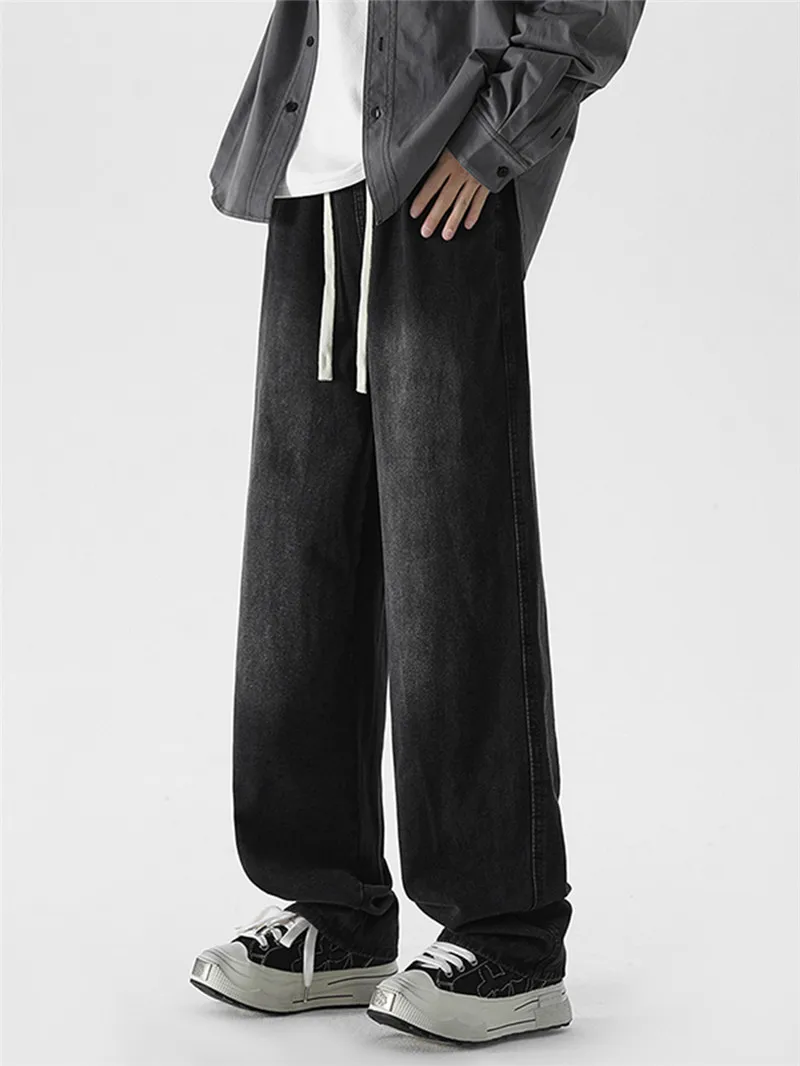 

Мужские джинсы в стиле ретро, летние, с высокой талией, широкими штанинами, свободные, прямые, повседневные, молодежный тренд