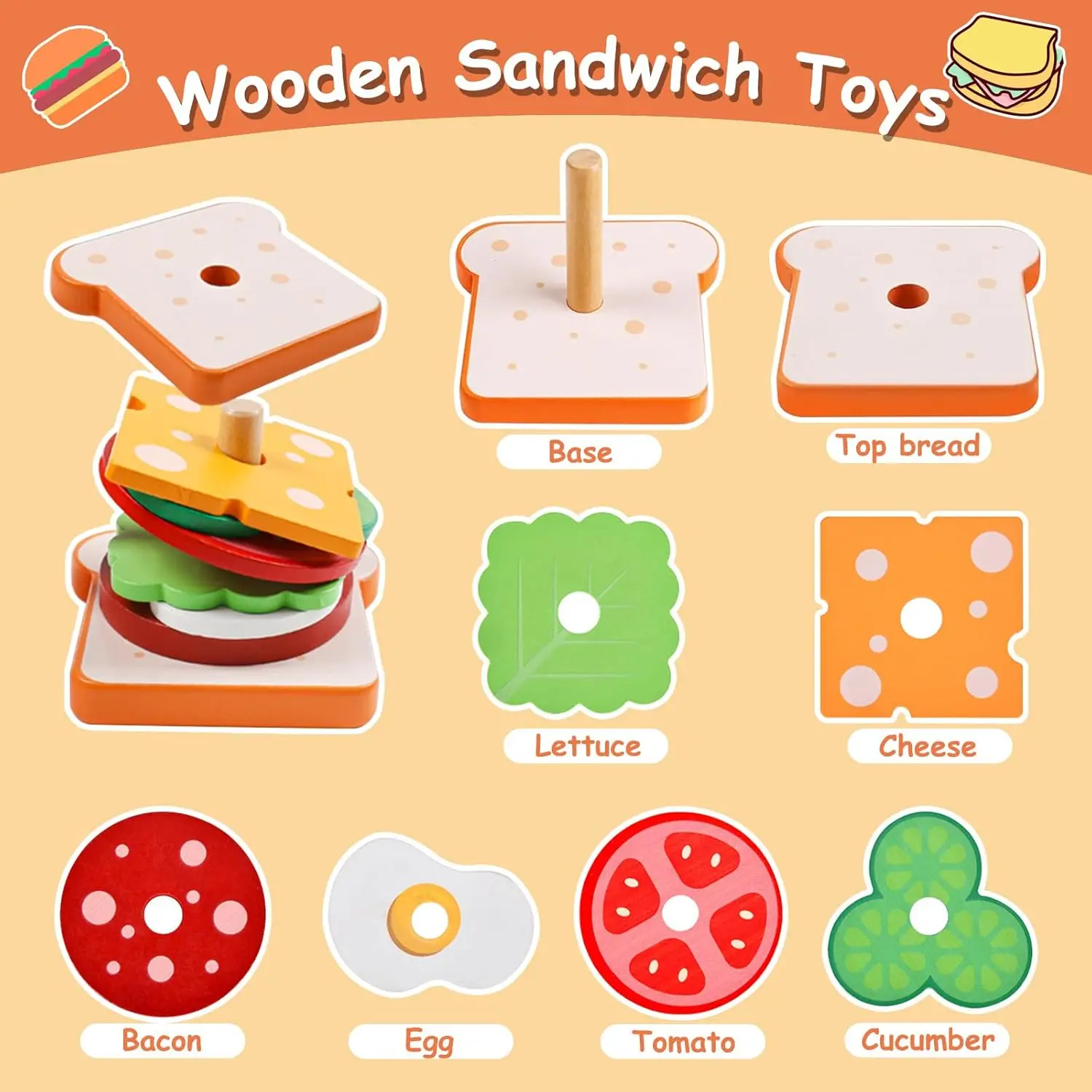 Montessori Toys for 2, 3 Year Old, Wooden Burger Sandwich Stacking Toys for Toddler Educational Toys Fine Motor Skills Foods Pre