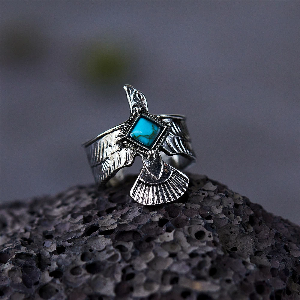 Natural Stone Eagle Wings Ring For Women Vintage Personalized Creative Opening Adjustable Finger Ring Accessories Gift Jewelry