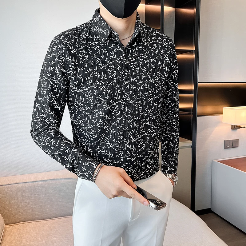 Autumn Winter Floral Shirt for Men Fashion Slim Fit Casual Shirts High Quality Business and Social Street Wear Men's Clothing