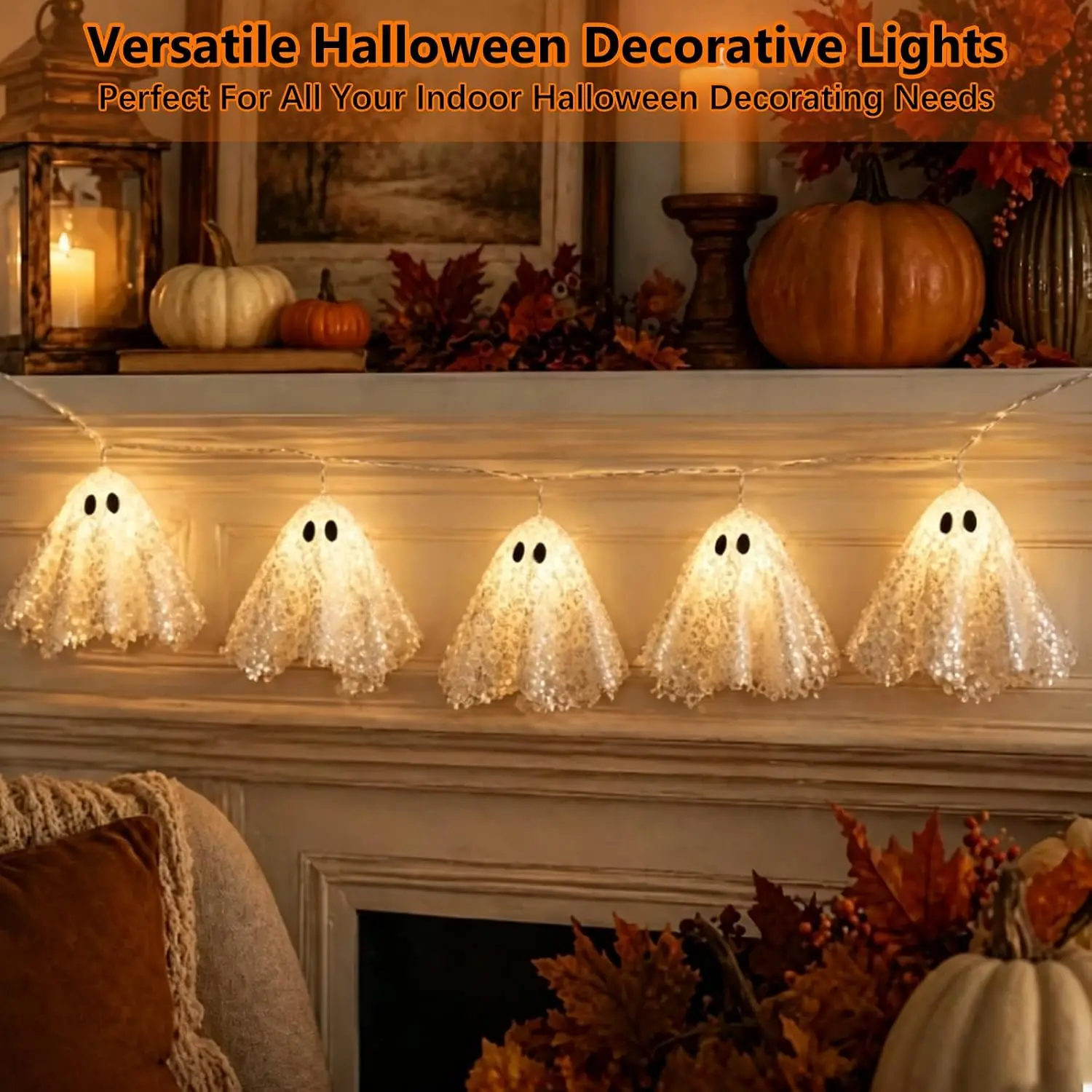 Halloween Decoration String Lights with Sequin Fabric, with 10 Ghost Lights, Battery Operated for Patio Garden Party Window Yard