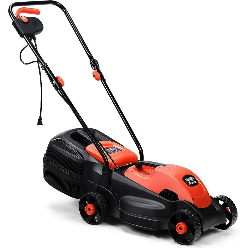 

13-Inch Corded Electric Lawn Mower with Grass Bag, Adjustable Height, 12 Amp, Red