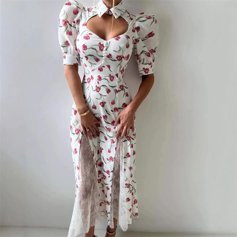 Elegant High เอวดอกไม้พิมพ์ชุดยาวเซ็กซี่ Hollow OUT ชุดลูกไม้สําหรับผู้หญิงฤดูร้อนพัฟแขนวันหยุดชุด 2025
