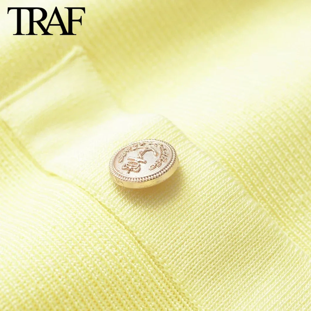 TRAF Women Fashion Summer New Yellow Buckle Pocket Wide Pleated Knitting Crewneck Vest Mini Dress Chic Female Elegant Evening