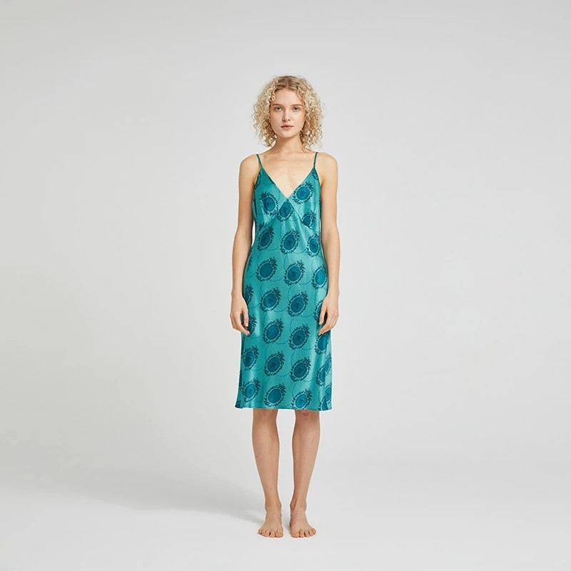 Retro Printing 100% Mulberry Silk Slip Long Dress Women Satin Backless Women's Summer Party Robe Sexy Beach Dresses Nightgown PJ