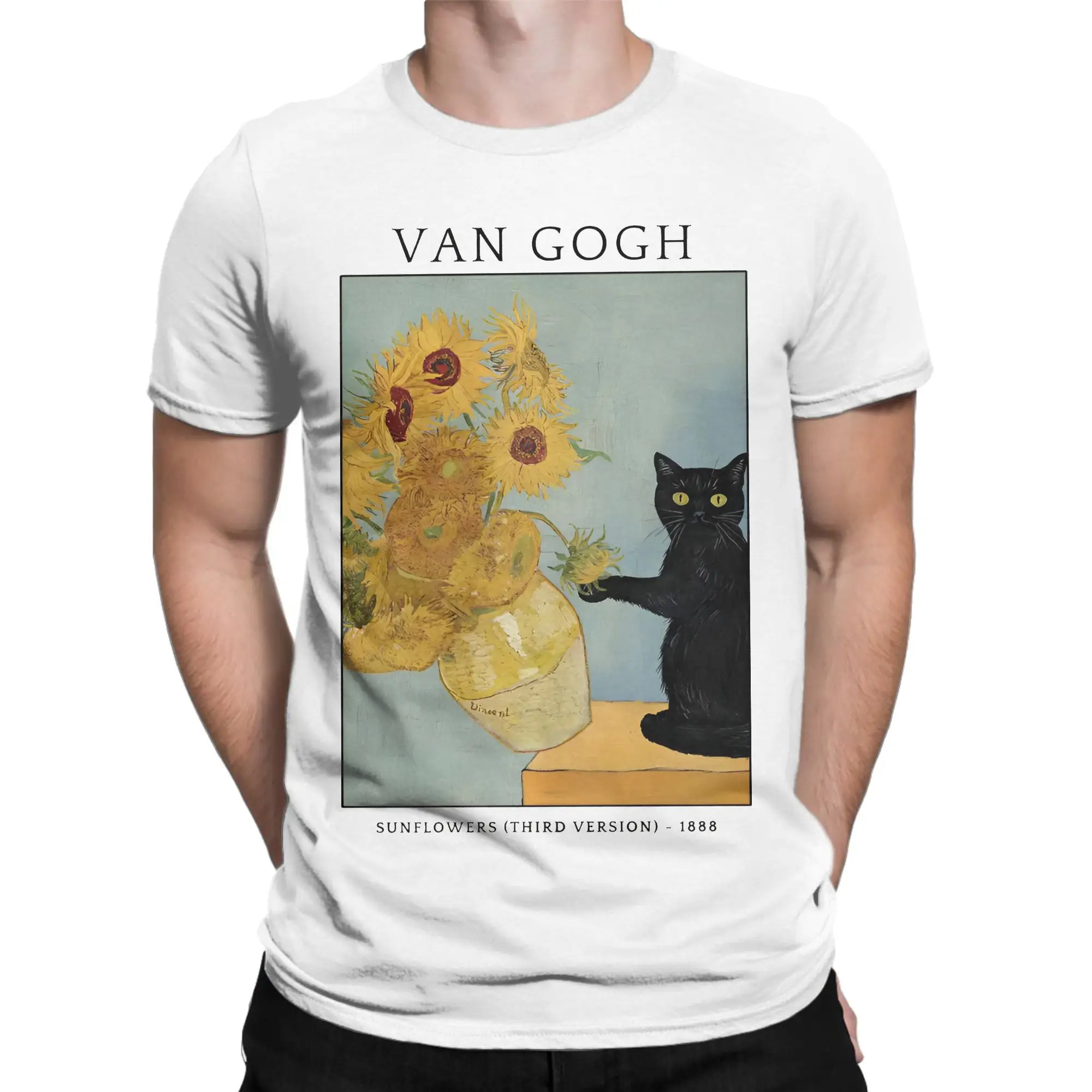 Van Gogh Sunflowers Cat Funny T Shirts Men's  Cotton Leisure T-Shirt O Neck Oil Painting Tees Short Sleeve merch Adult