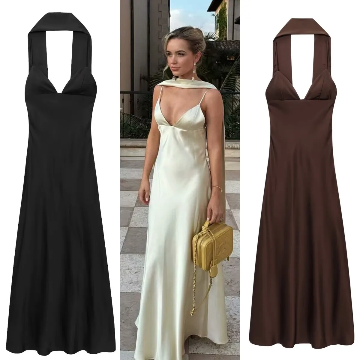 LIBIELIY nueva mujer elegante Sexy bufanda fina decorativa seda satén textura Correa vestido largo para vestido de fiesta