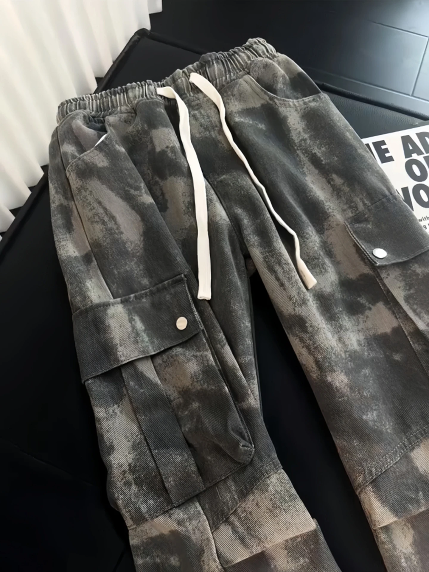 American High Street Folded Camouflage Men's Jeans Design Sense Straight Tube Workwear Pants Cleanfit Flared Knife Pants