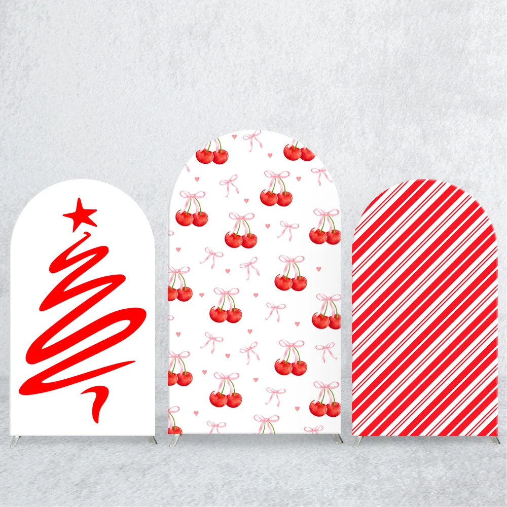 

TB Christmas Theme Arch Backdrop Cover Red Cherry Bow Stripe for Celebrate Happy New Year Party Spandex Background Banner Decor