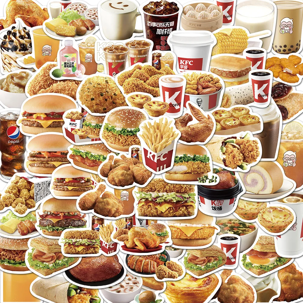 10/64 Stuks Kfc Eten Hamburg Stickers Vintage Voor Decor Diy Kids Notebook Bagage Telefoon Motorfiets Laptop Koelkast Sticker Speelgoed