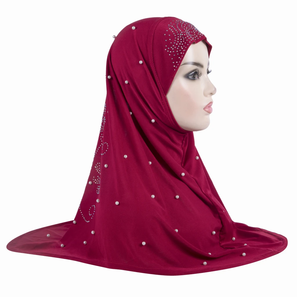 H016 Beautiful adults medium size muslim hijab with handmade beads islamic scarf shawl headscarf hat armia pull on wrap