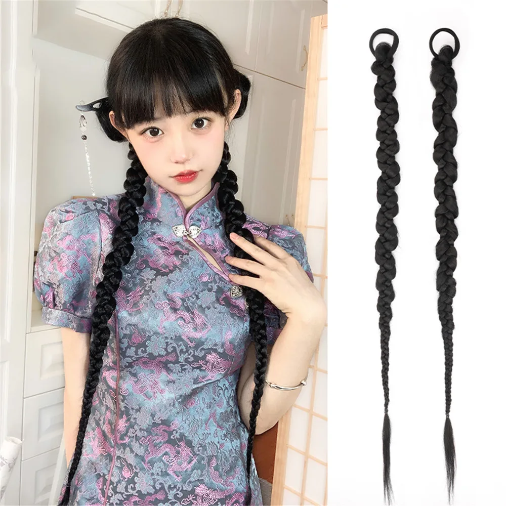 

70cm Synthetic Braids Ponytail with Elastic Rubber Bands Hip Hop Boxing Braids Braided Ponytail Extension Black Hairpieces