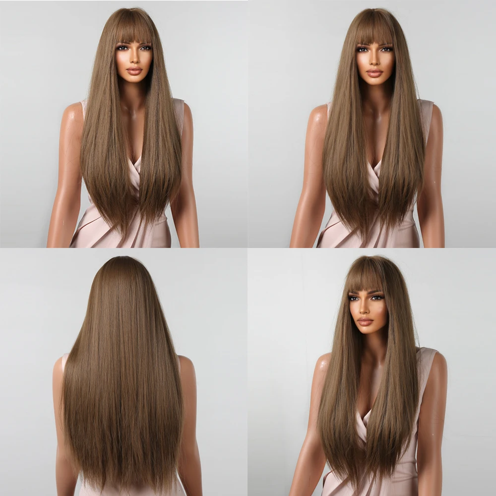 Synthetic Wigs Long Silky Straight Natural Brown Women Hair Wigs with Bangs Heat Resistant Daily Party Cosplay Use for Girls Wig