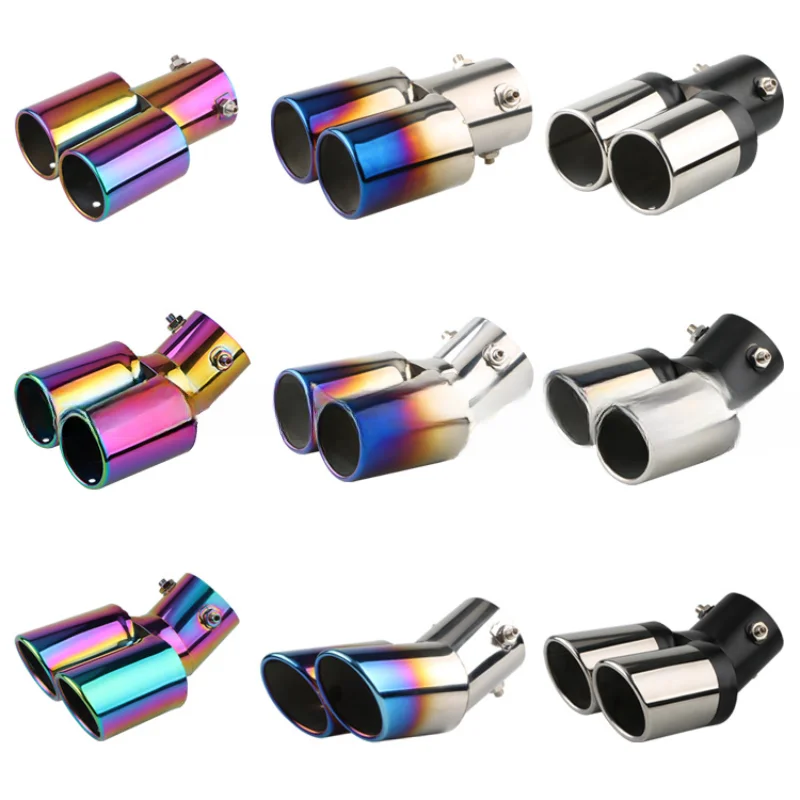 Car Universal Tailpipe One Out Two Baking Blue Model Accessories Stainless Steel Exhaust Tips Muffler Tail Double-Pipe Tube Tips